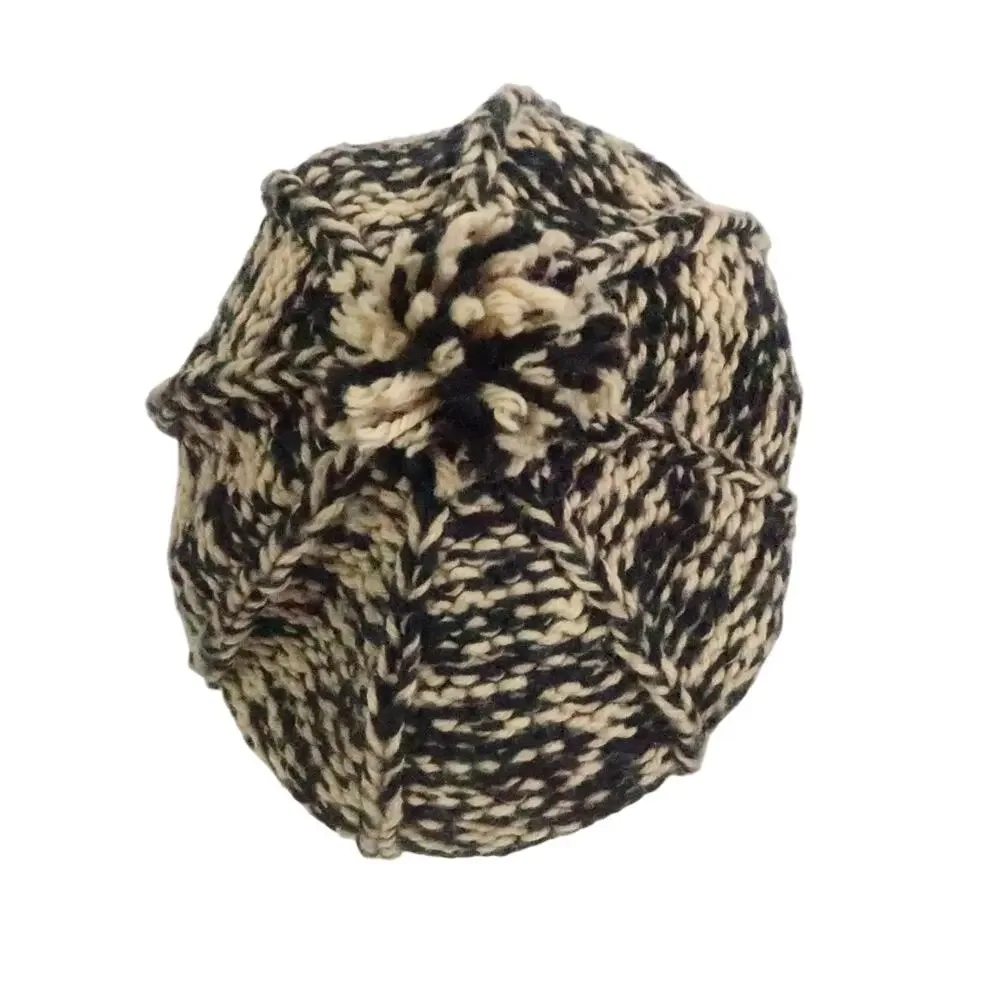 Vintage Tan and Black Marled Knit Beanie Hat w/ Brim and Bobble - Picture 4 of 4